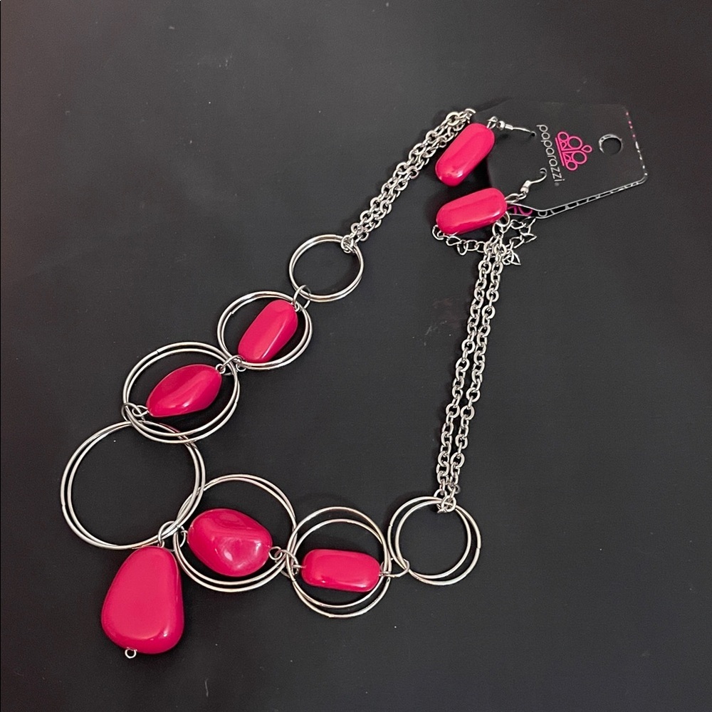 Paparazzi Bold Pink and Silver Necklace with Earrings